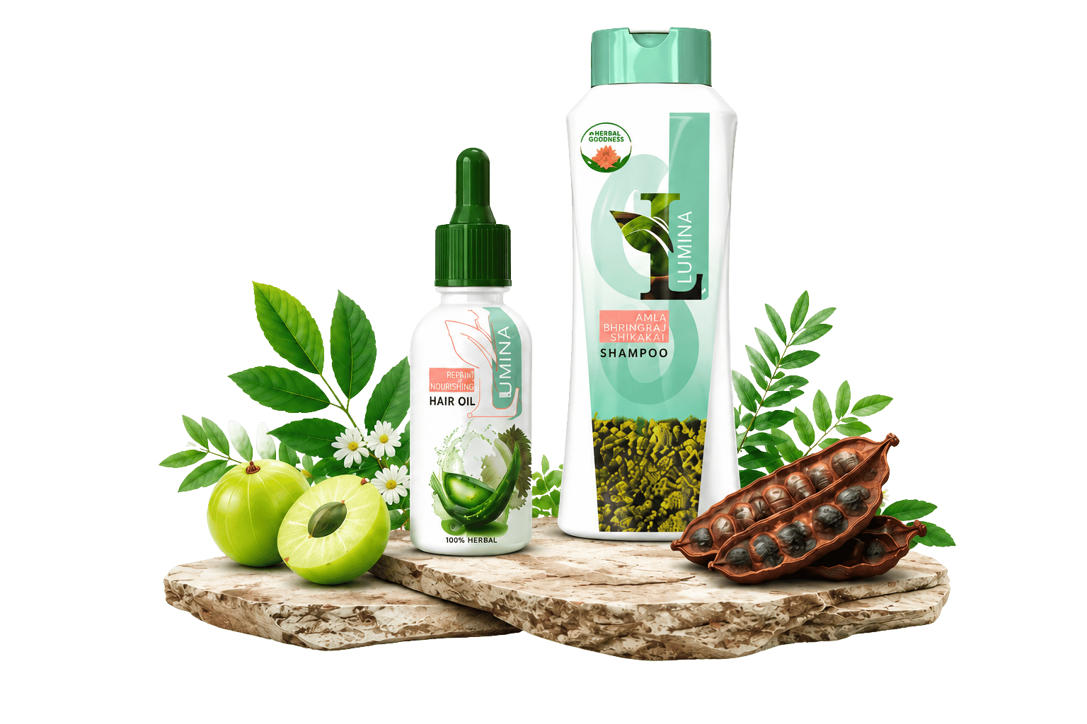 Lumina botanical product range on a natural stone podium